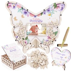 66 pcs baby shower guest book alternatives set butterfly guest book baby shower guestbook with photo frame baby sonogram frame with 60 butterfly wood slices for birthday reception (butterfly, purple)