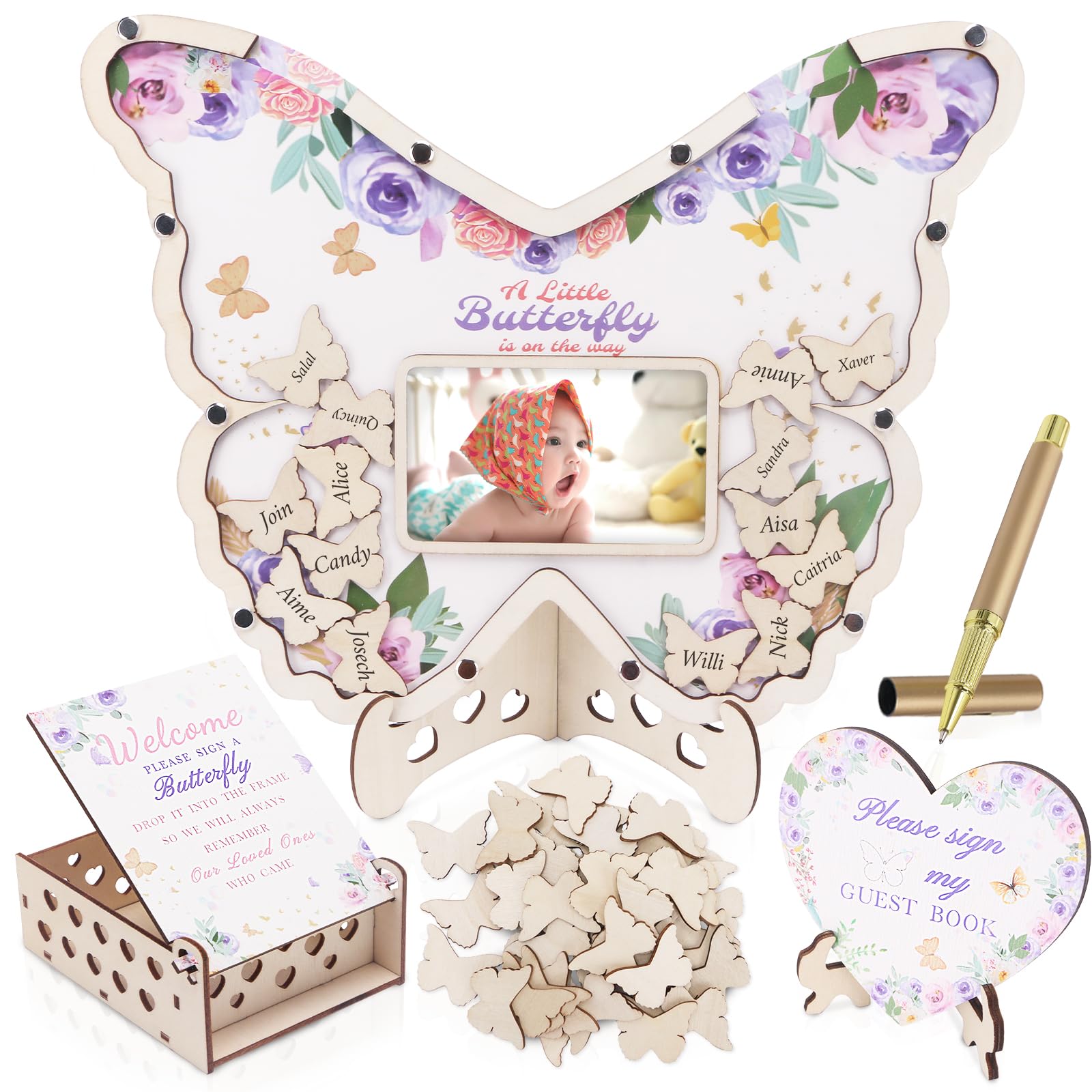 66 Pcs Baby Shower Guest Book Alternatives Set Butterfly Guest Book Baby Shower Guestbook with Photo Frame Baby Sonogram Frame with 60 Butterfly Wood Slices for Birthday Reception (Butterfly, Purple)