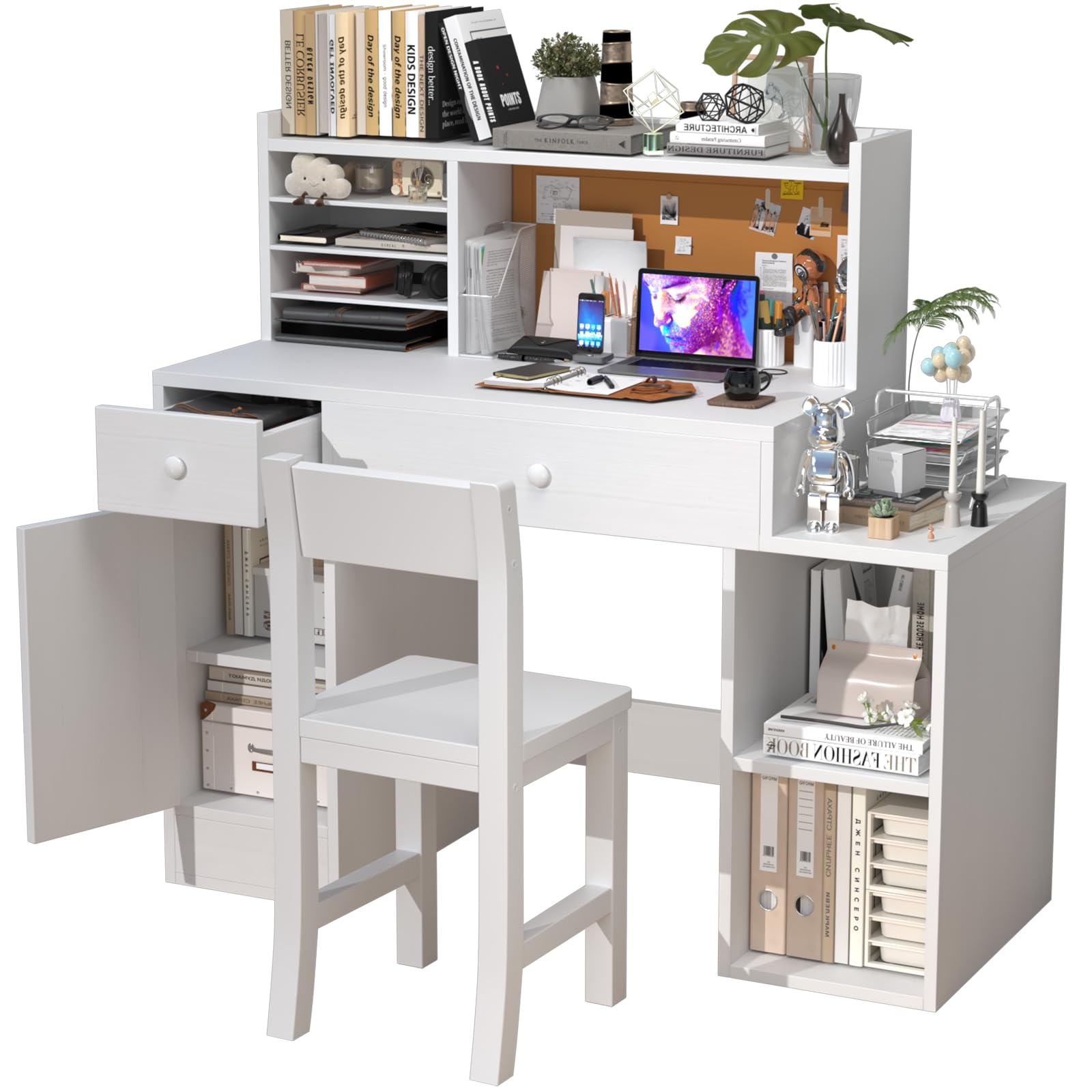 NKUGCFC Childrens Computer Desk with Bulletin Board, White Kids Desk and Chair Set for 5-12 Year Old, Kids Study Table with Chair, Drawers and Cabinets-ZXcvtz