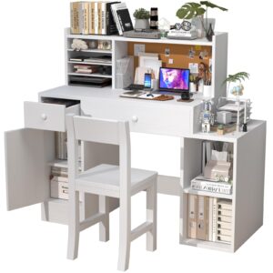 nkugcfc white kids desk and chair set for 5-12 year old, childrens computer desk with bulletin board, kids study table with chair, drawers and cabinets-0ut2bw