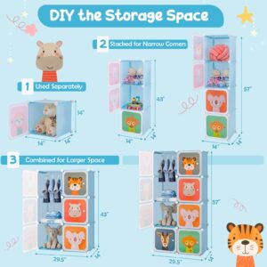 HONEY JOY Kids Wardrobe Closet, Baby Cartoon Clothes Storage Organizer, 8 Cubes & 2 Hanging Sections, Portable Children DIY Modular Bedroom Armoire Dresser Cabinet for Boys Girls (Blue, 8-Cube)