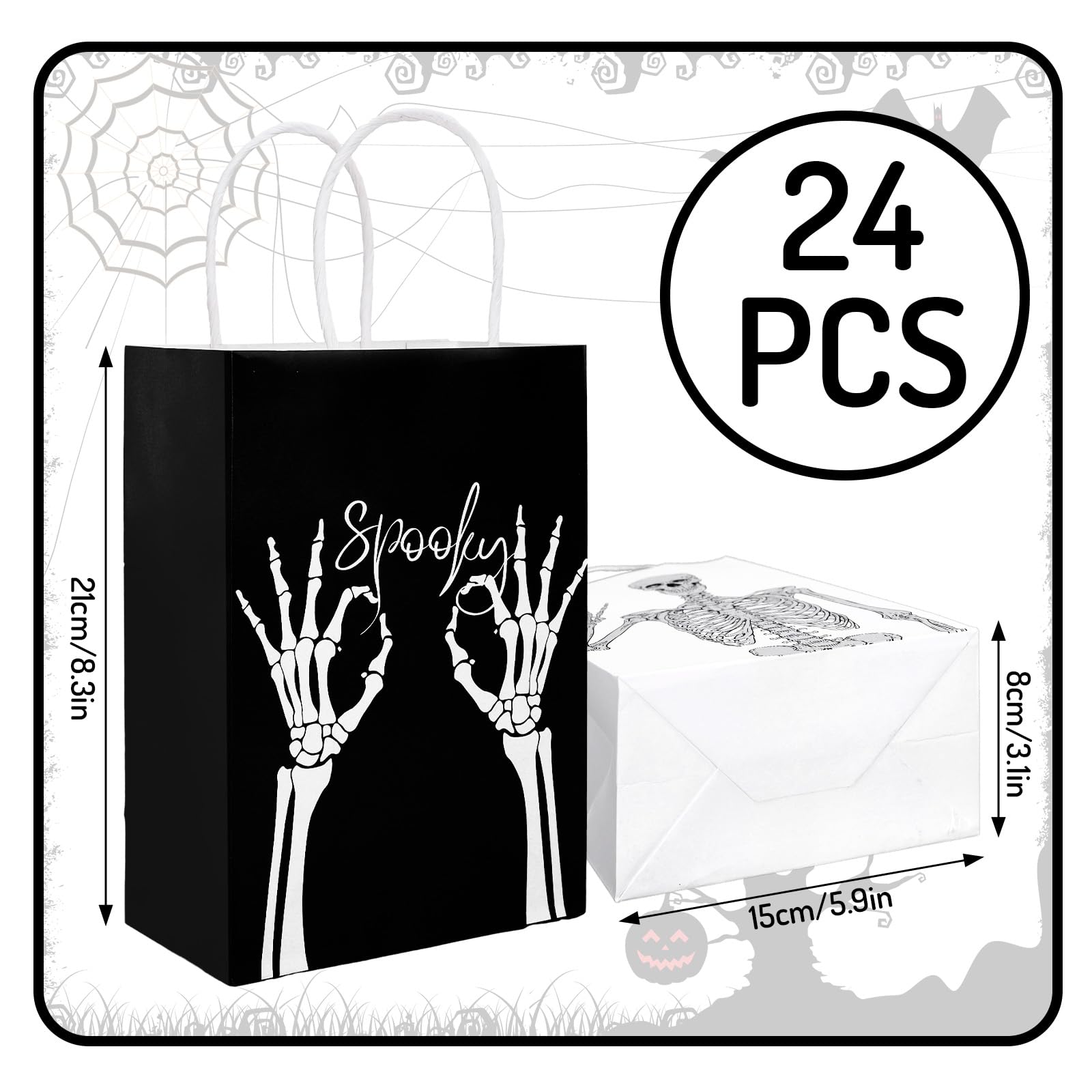 JarThenaAMCS 24Pcs Halloween Skull Paper Gift Bags with Handles Black White Skeleton Party Favor 2 Designs Candy Goodie Treat Bags for Party Supplies,8.3 x 5.9 x 3 Inch