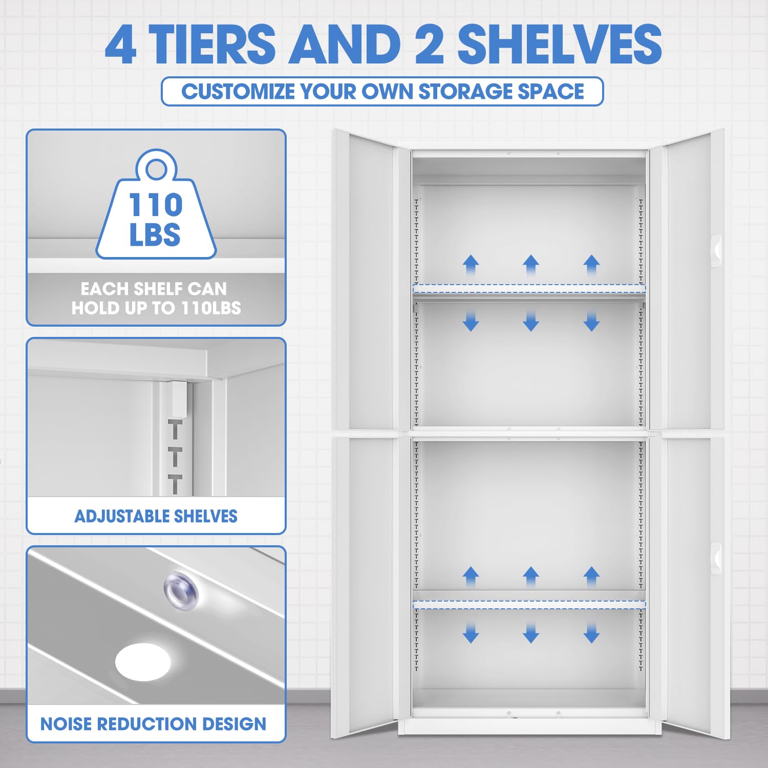 DNA MOTORING Metal Storage Cabinet, 71'' Locking Cabinet with 4 Doors and 2 Adjustable Shelves, Metal Cabinet Heavy Duty Utility Cabinet for Garage,Office,Home,Gym, White, TOOLS-00634-WH-WH