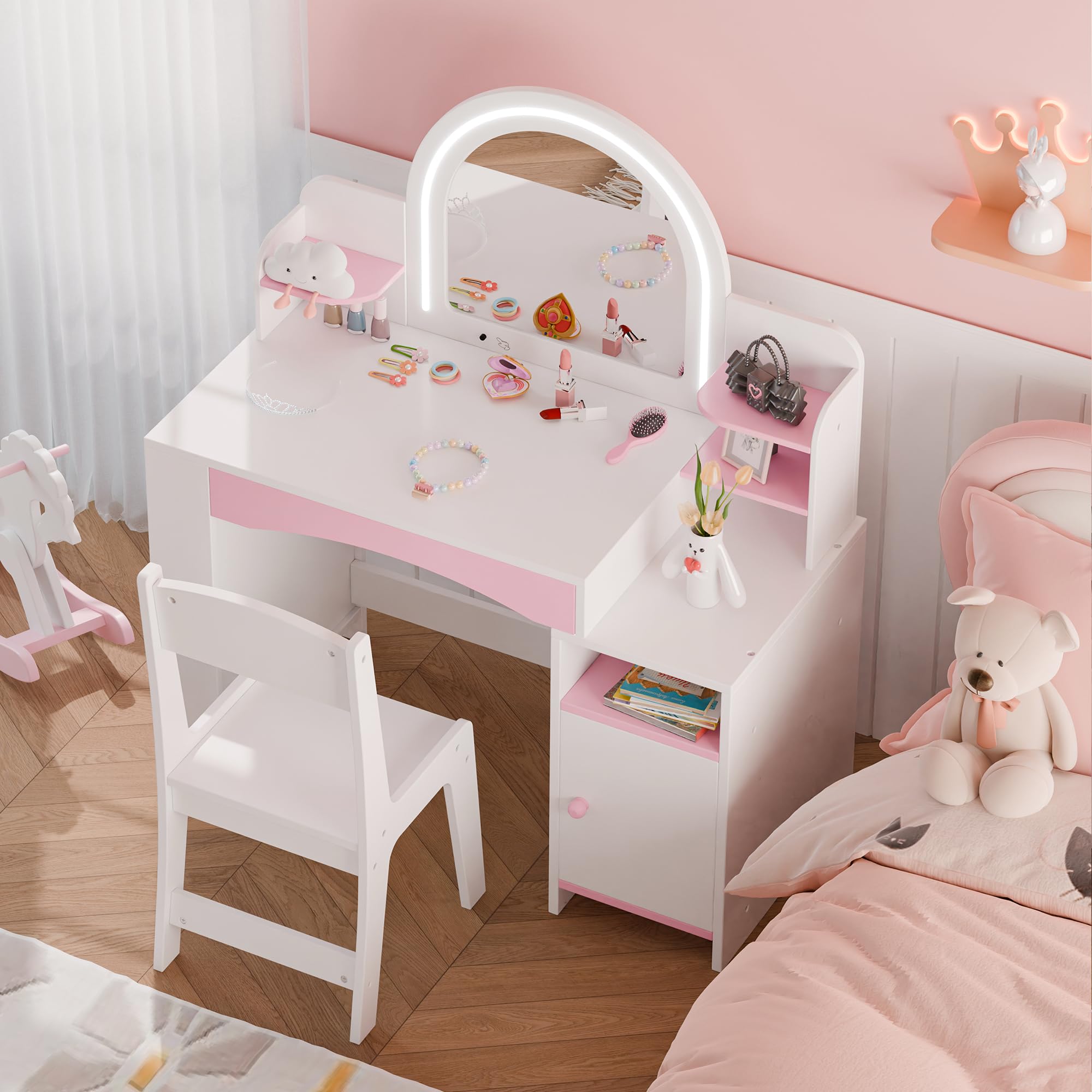 MU Kids Vanity with Lights, Princess Makeup Vanity Desk with Open Bookshelf, Storage Cabinet & Shelves, 2 in 1 Toddler Vanity Table & Chair Set with Lighted Mirror for Little Girls, White