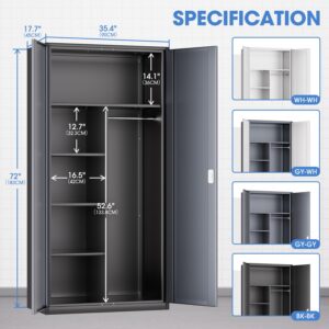 DNA MOTORING Metal Storage Cabinet, 72" Storage Wardrobe with Lock and Hanging Rod, Locking Cabinet Heavy Duty Utility Cabinet with 4 Shelves for Garage,Office,Home,Gym, Gray Black, TOOLS-00633-GY-BK