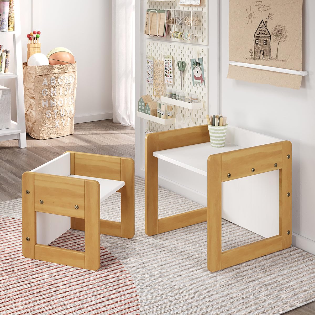 P'Kolino klick Duo Desk - Natural/White - Solid Pine Wood - Multiple Seat and Table Height adjustments to Grow with Your Child