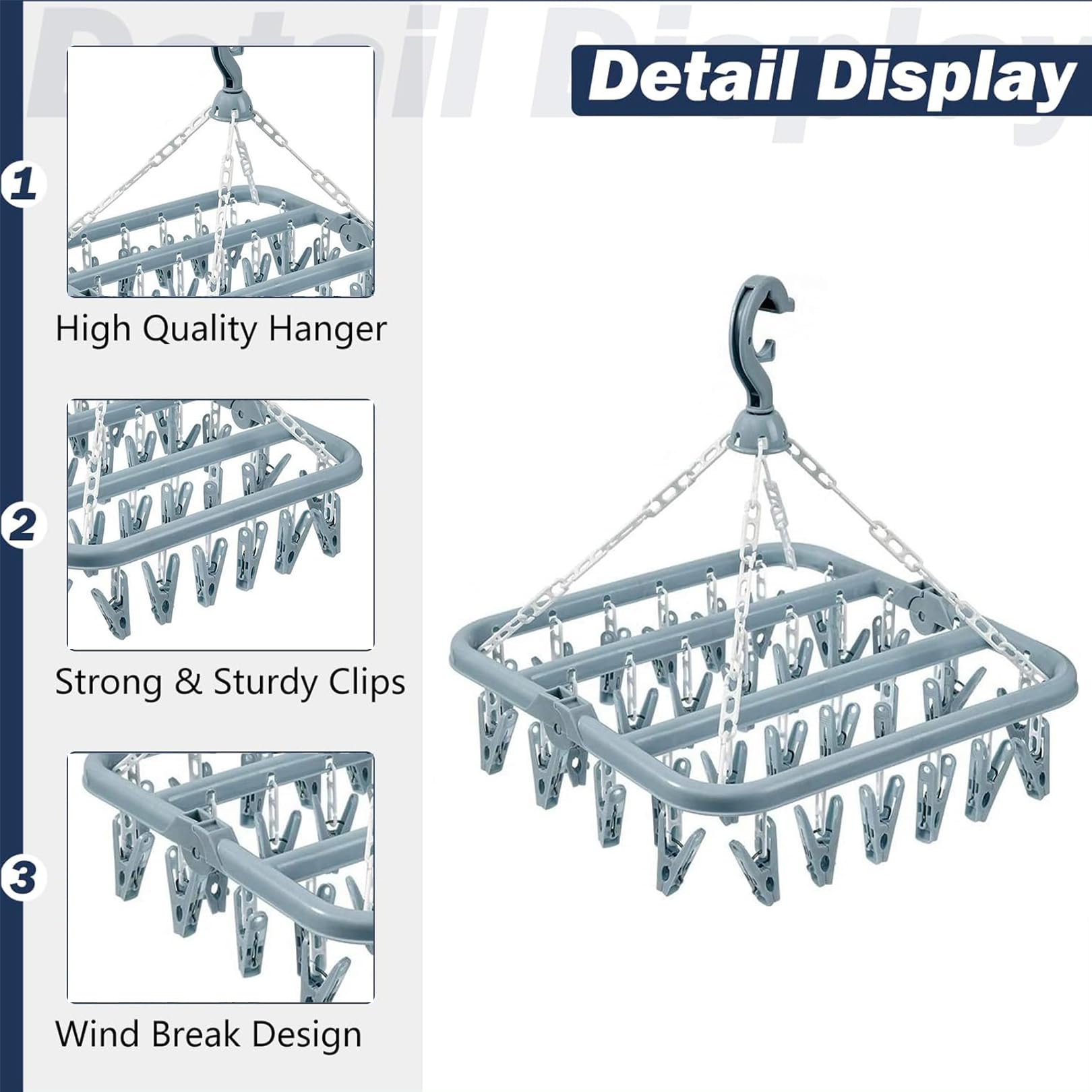 COFDDS Clothes Drying Hanger with 32 Clips and Drip Foldable Hanging Rack,Plastic Hanging Drying Rack for Clothes Underwear Socks (Blue)