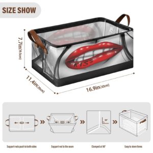 Exnundod Red Lips Kiss Love Storage Bins Funny Attractive Stroage Basket with Metal Frames Collapsible Storage Bin with Handles Organizing Closet Blanket Toys, 1PC