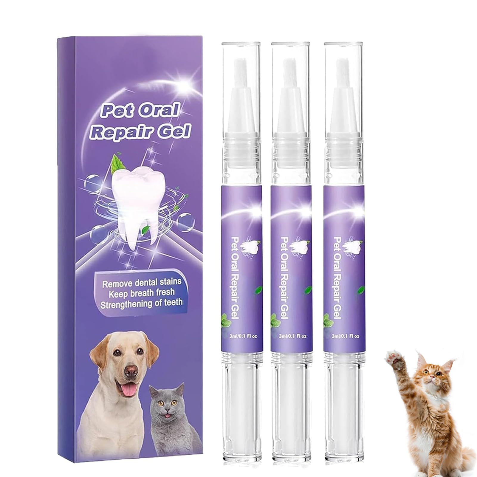 Pet Oral Repair Gel, Pet Oral Repair Gel for Dogs, Pet Oral Restoration Gel, Pet Teeth Whitening Pen, Targets Tartars, Without Brushing, Pet Breath Freshener Gel Care Cleaner (3 Pcs)