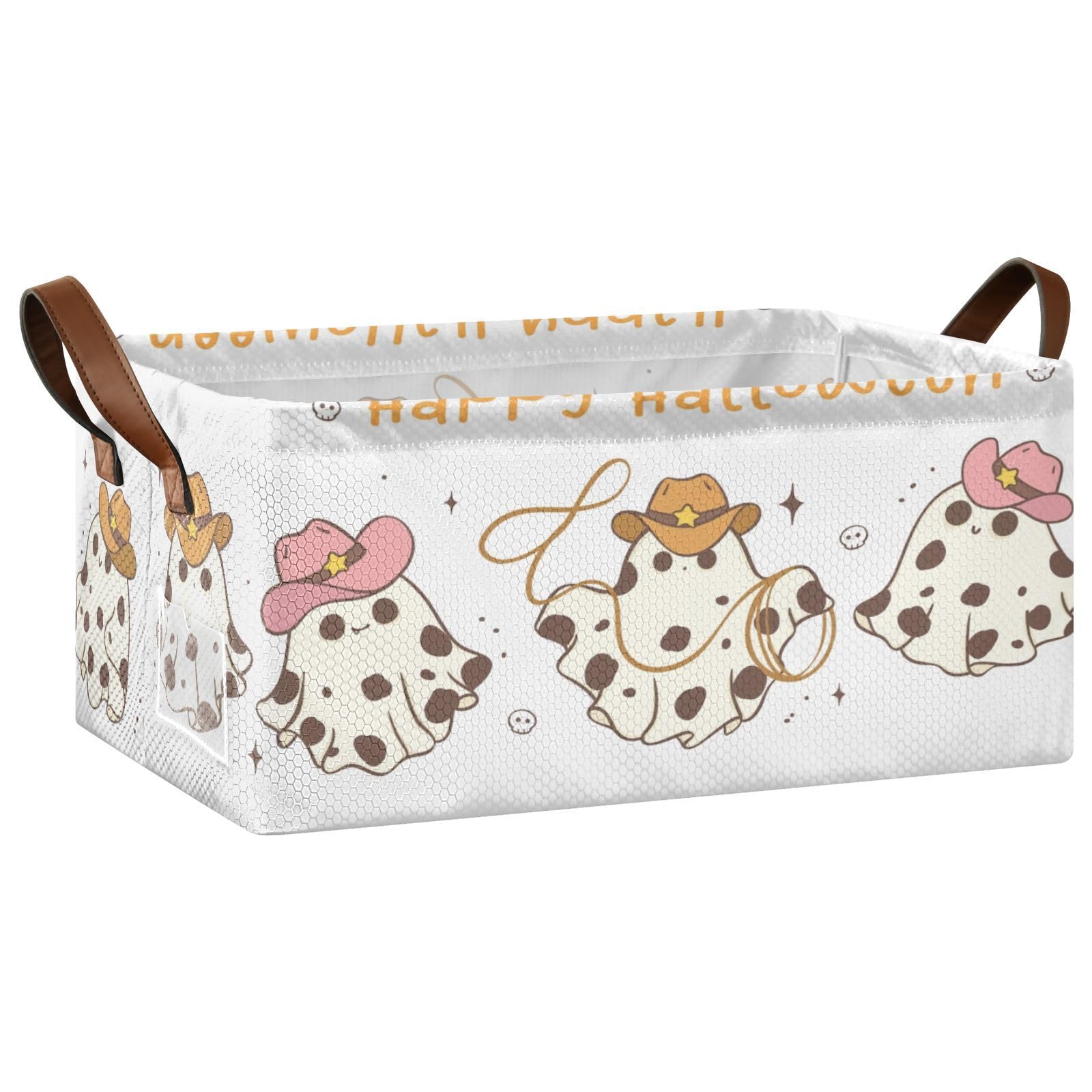 Exnundod Cute Cowboy Ghost Storage Bins Kawaii Halloween Stroage Basket with Metal Frames Collapsible Storage Bin with Handles Organizing Closet Blanket Toys, 1PC