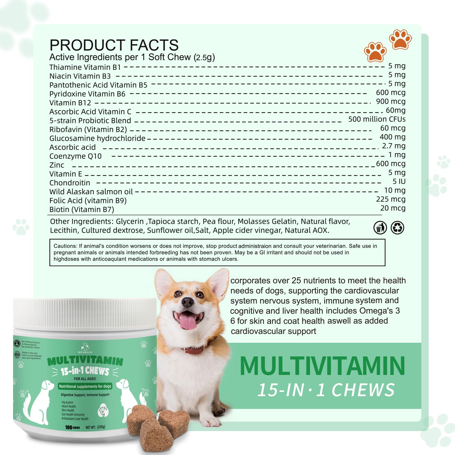 Multivitamin Chews for Dog Supplement-Dog Multivitamin Treats with Glucosamine chondroitin Probiotics Omega Fish Oil Improved Digestion Antioxidants Support Skin Hip Joint with Healthy Immune System