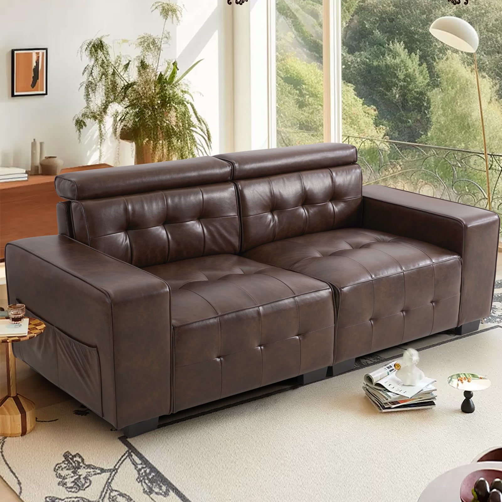 WARM HARBOR 84" Modern Sofas for Living Room, Faux Leather Loveseat Couch with Adjustable Headrest, Wide Armrest, Easy to Install(84in, Brown)