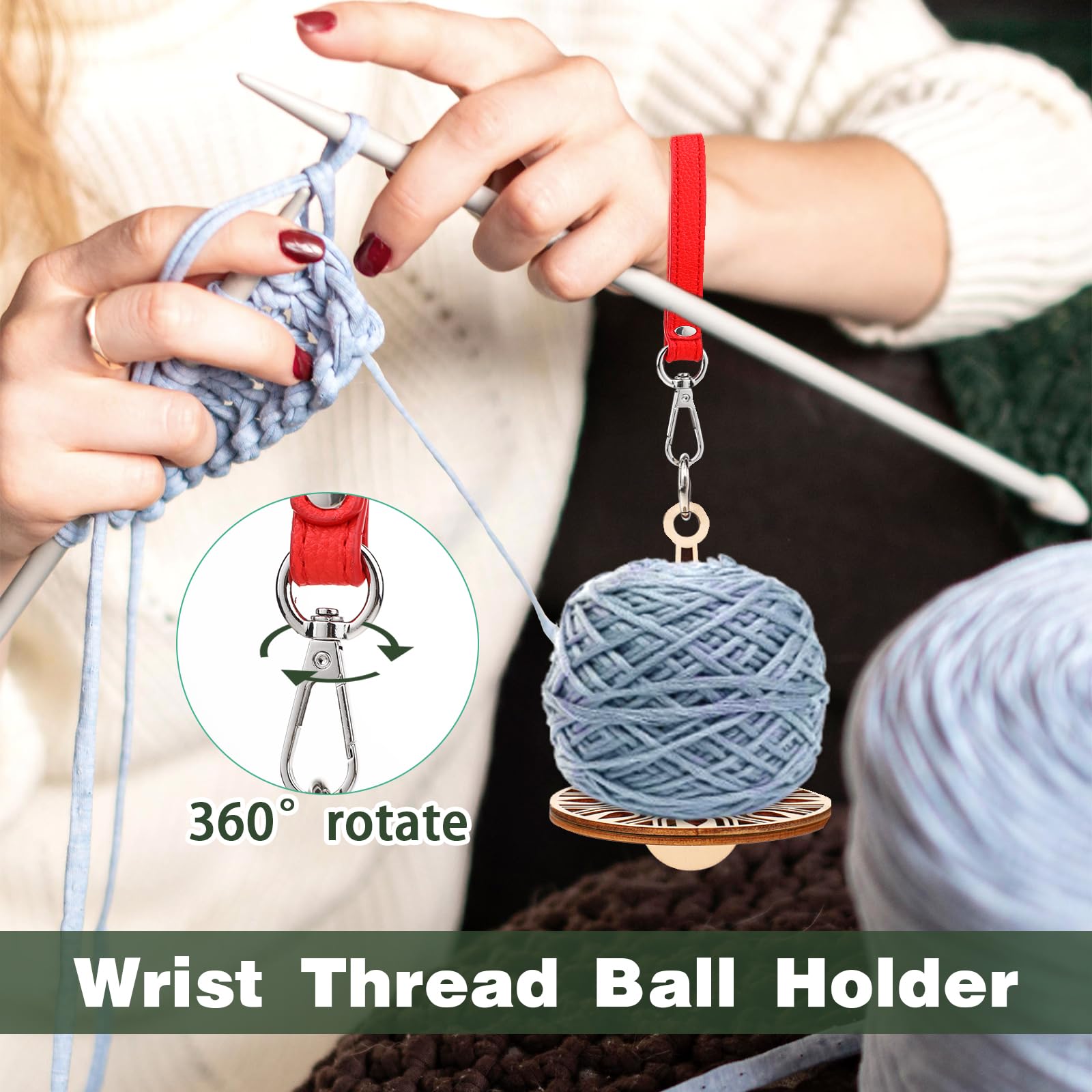 Giantree Portable Wrist Yarn Holder, Wooden Yarn Ball Minder Stand with Leather Wristband Yarn Minder Yarn Storage Yarn Holder for Knitting Crocheting Craft Lover(Red)