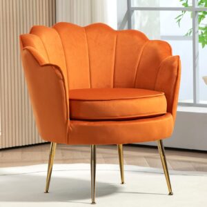 US Pride Furniture Velvet Barrel Chair, Stylish Accent with Scalloped Backrest and Gold Metal Legs, Suitable for Traditional, Modern, and Contemporary Living Rooms, Orange