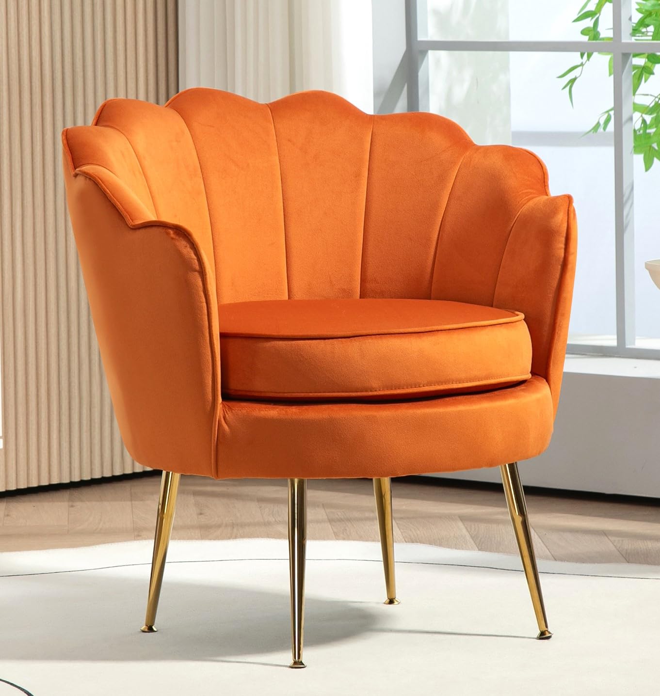 US Pride Furniture Velvet Barrel Chair, Stylish Accent with Scalloped Backrest and Gold Metal Legs, Suitable for Traditional, Modern, and Contemporary Living Rooms, Orange