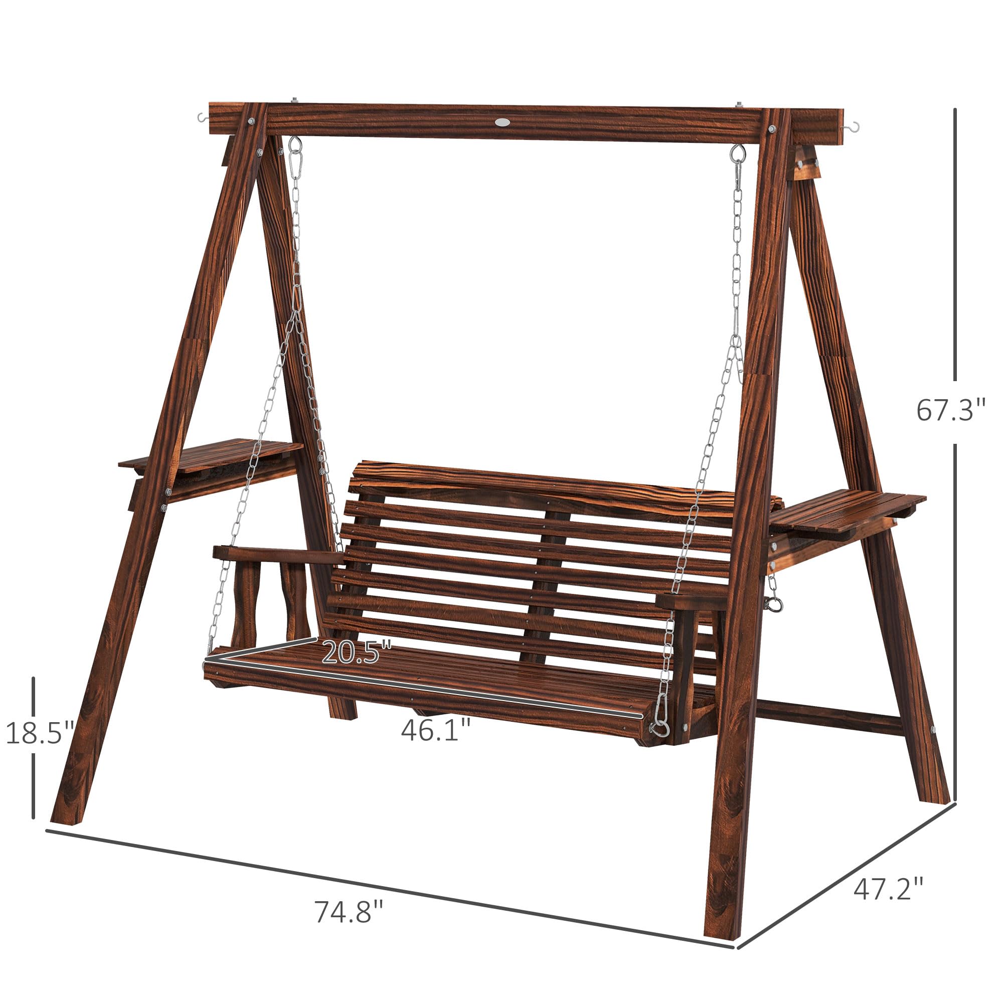 Outsunny 2-Seat Porch Swing Loveseat, Wooden Patio Swing Chair with Stand and Side Tables, for Garden, Poolside, Backyard, Carbonized