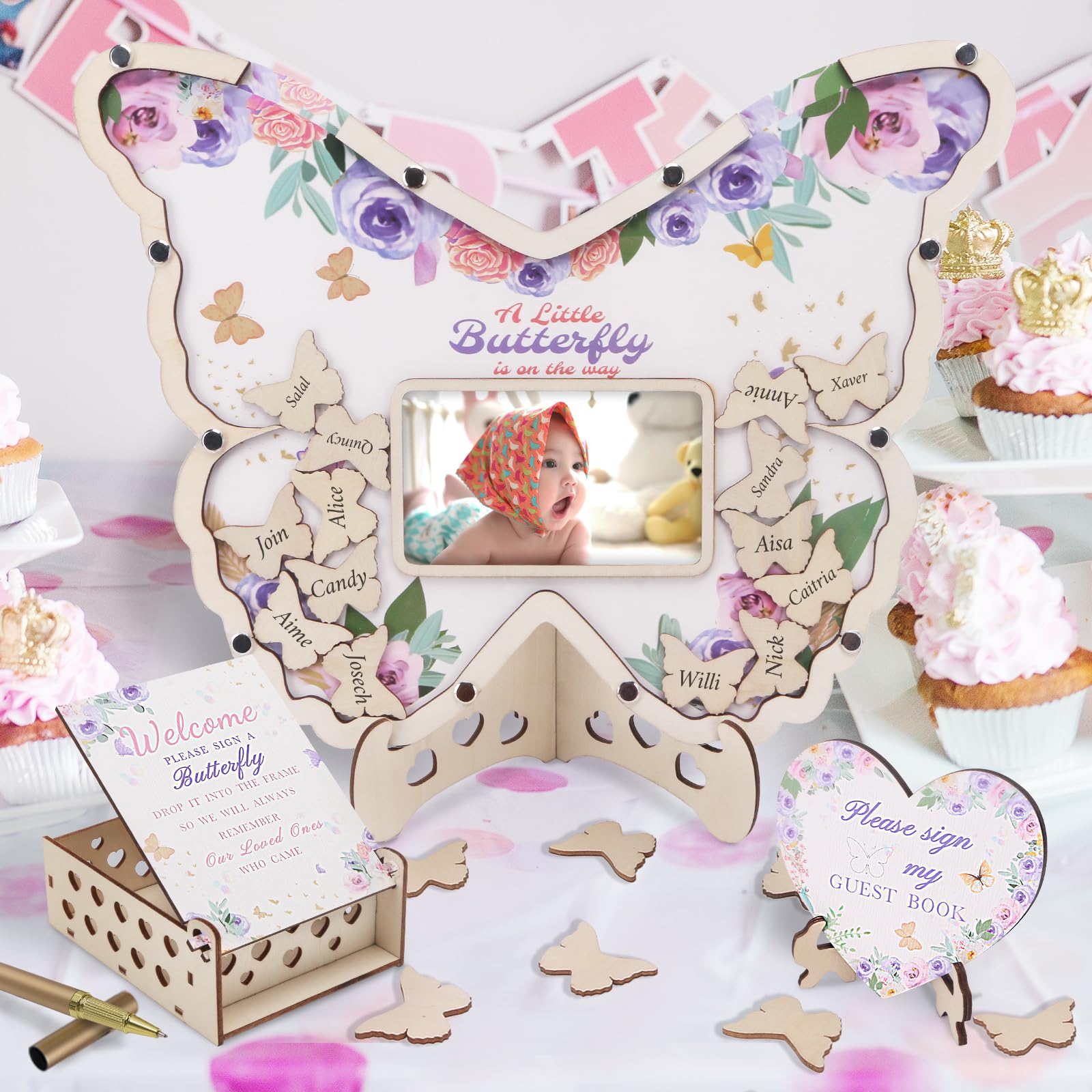 66 Pcs Baby Shower Guest Book Alternatives Set Butterfly Guest Book Baby Shower Guestbook with Photo Frame Baby Sonogram Frame with 60 Butterfly Wood Slices for Birthday Reception (Butterfly, Purple)