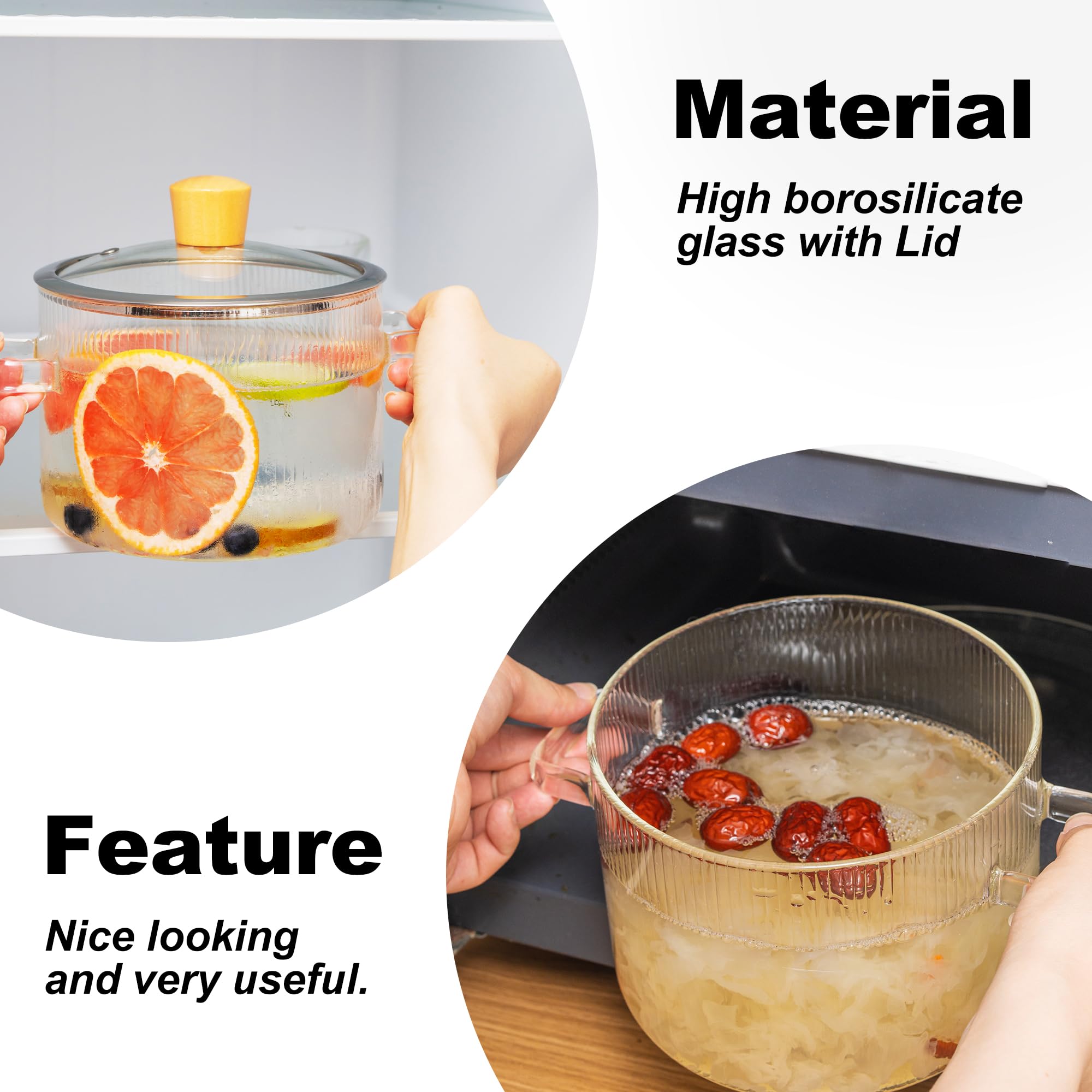 Recceng Glass Simmer Pot for Stove Top Potpourri, 1.8L(60 OZ) Clear Cooking Pots with Lids and Handles, Ribbed Glass Pot with Cover for Tea, Glass Pot and Pan Cookware Saucepan Set