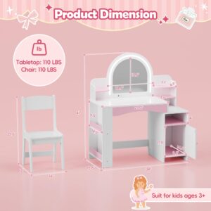 MU Kids Vanity with Lights, Princess Makeup Vanity Desk with Open Bookshelf, Storage Cabinet & Shelves, 2 in 1 Toddler Vanity Table & Chair Set with Lighted Mirror for Little Girls, White