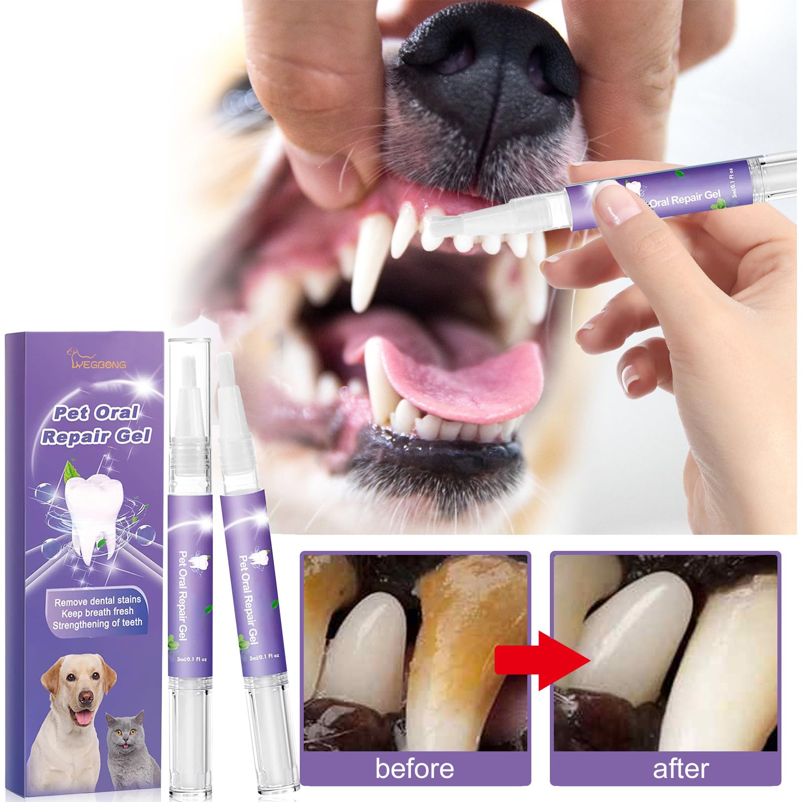 Pet Oral Repair Gel, Pet Oral Repair Gel for Dogs, Pet Oral Restoration Whitening Gel, Pet Teeth Whitening Pen, Pet Breath Freshener Gel for Dogs, Targets Tartars-Without Brushing (6PCS)