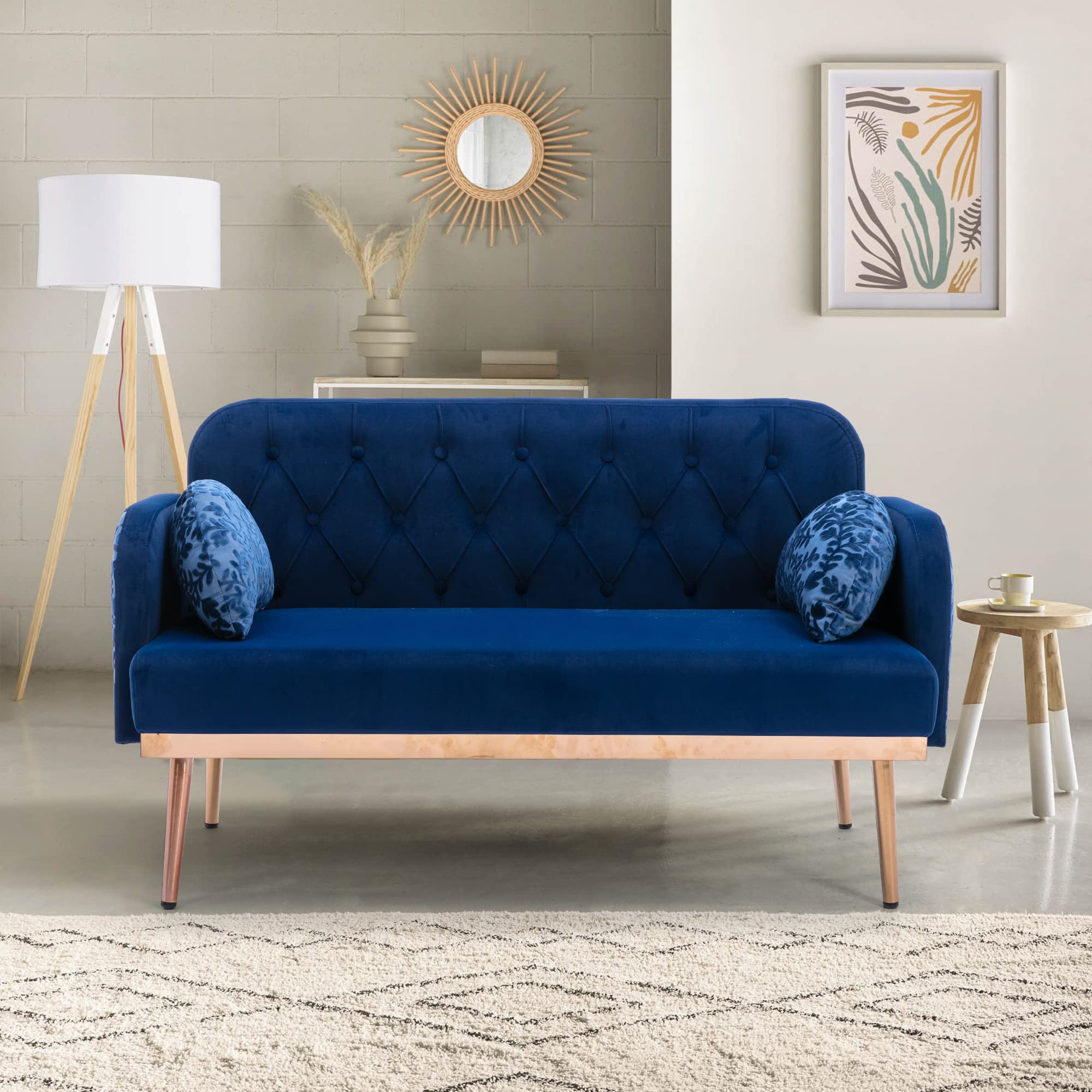 Modern Velvet Loveseat Sofa, Comfy Upholstered 2-Seater Sofa with Gold Metal Legs, Small Loveseat Accent Couch for Living Bedroom Leisure Areas (Navy+Velvet)