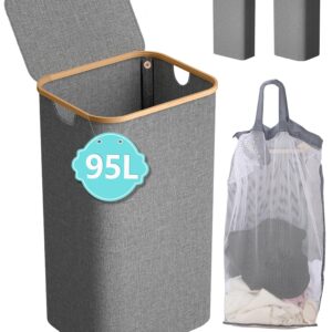 IHOMAGIC Laundry Hamper with Lid, 95L Collapsible Laundry Basket, Slim Laundry Hamper with Removable Inner Bag and Handles, Large Laundry Basket, Dirty Clothes Hamper for Dorm, Laundry Room, Grey