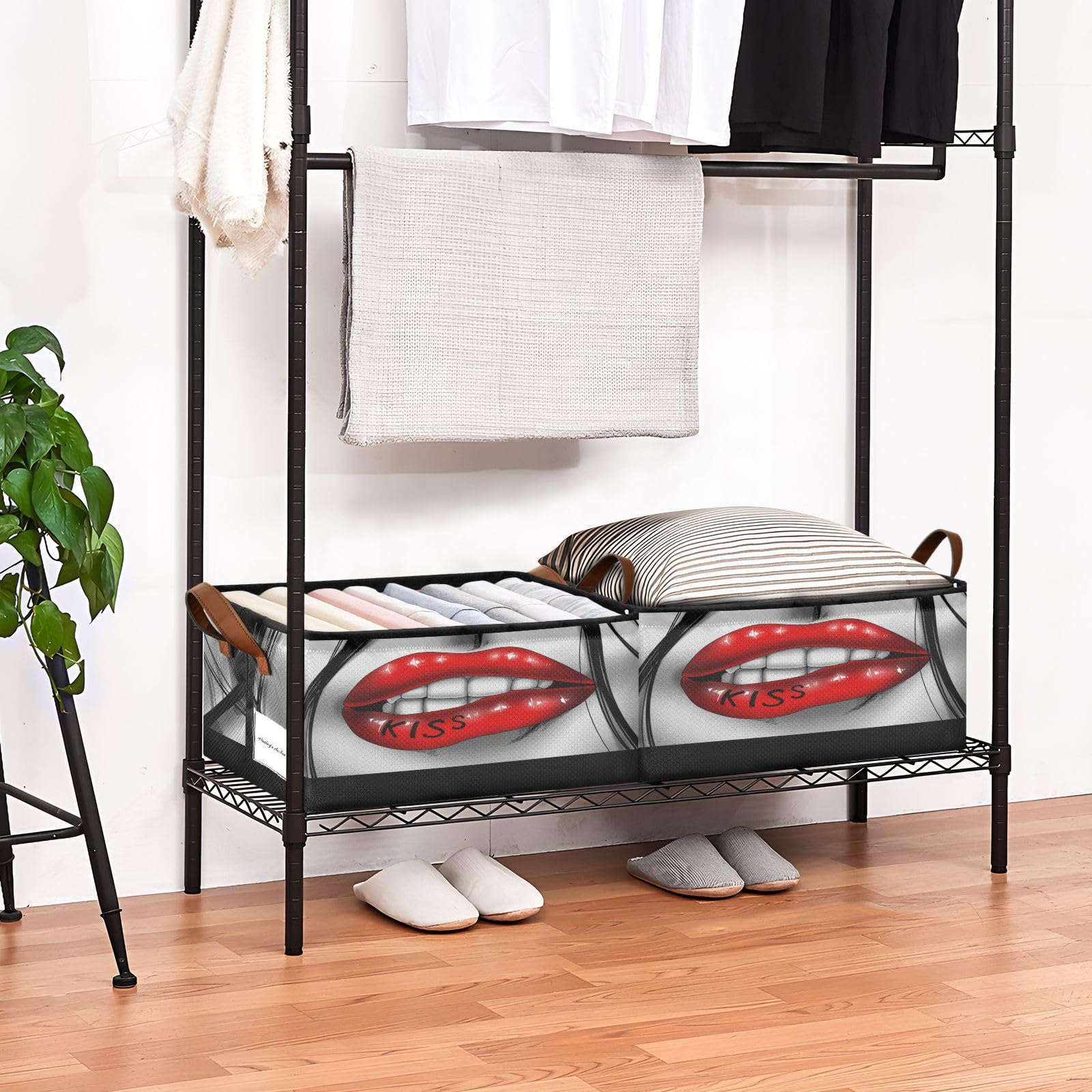 Exnundod Red Lips Kiss Love Storage Bins Funny Attractive Stroage Basket with Metal Frames Collapsible Storage Bin with Handles Organizing Closet Blanket Toys, 1PC