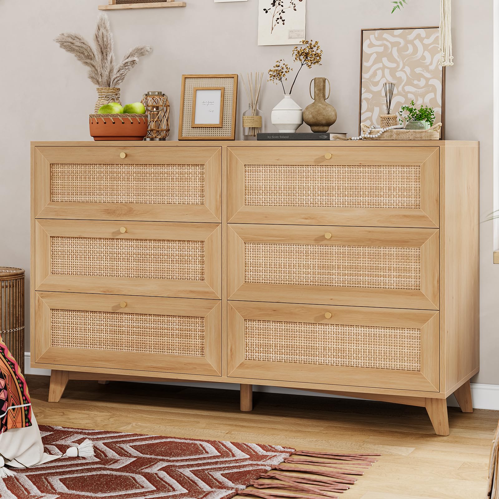 VIAGDO Rattan Dresser for Bedroom, 6 Drawer Dresser with Natural Rattan Drawers, Wooden Wide Dresser with Gold Handles, Modern Closet Dressers Chest of Drawers for Nursery Entryway Living Room