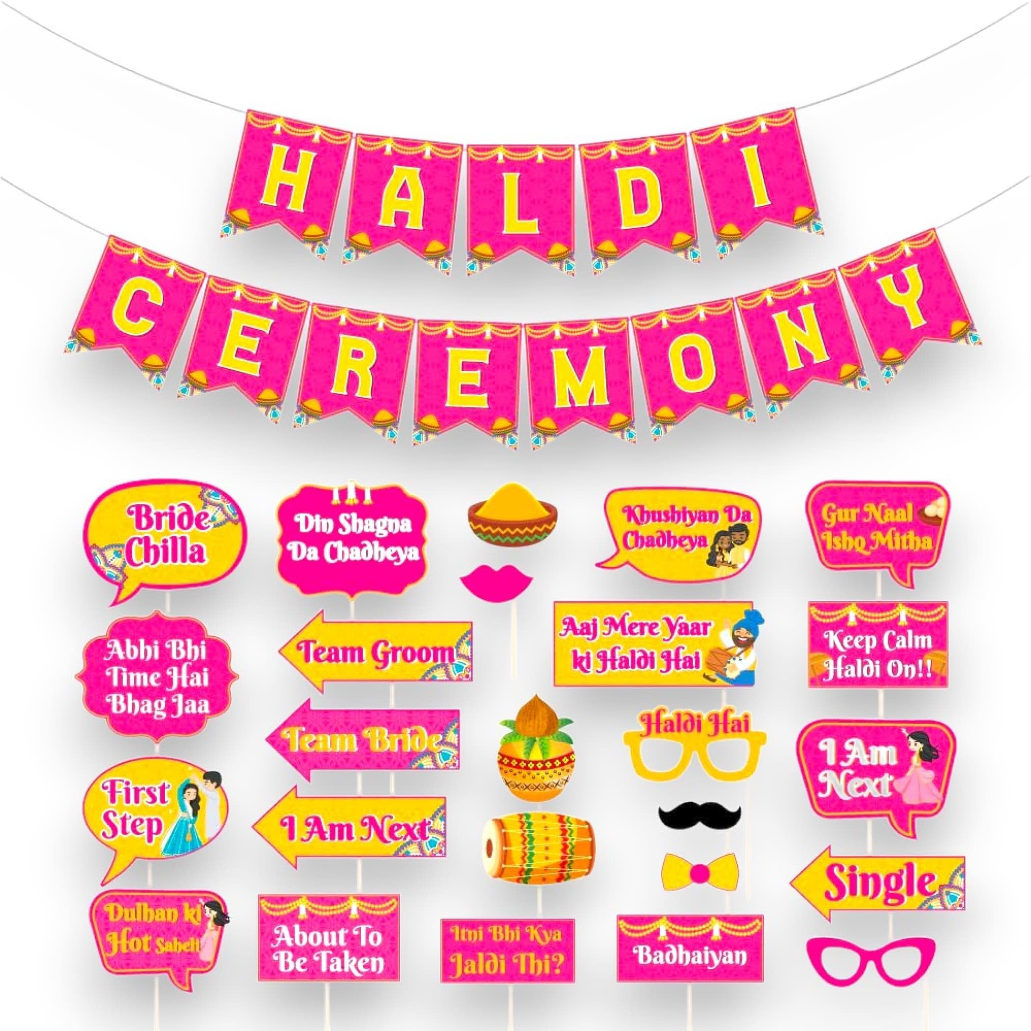 LoveNspire 25 Pcs Haldi Photo Booth Party Props & 1 Pcs Haldi Ceremony Banner Wedding Photoshoot Haldi Decoration Marriage Props for Bride and Family