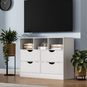 Housoul 4 Drawers Dresser with Open Cube, Chest of Drawers, Dresser for Bedroom, Fabric PU Drawer Dresser, White Dresser with Large Organizer, Closet Dresser with 4 Drawers, White