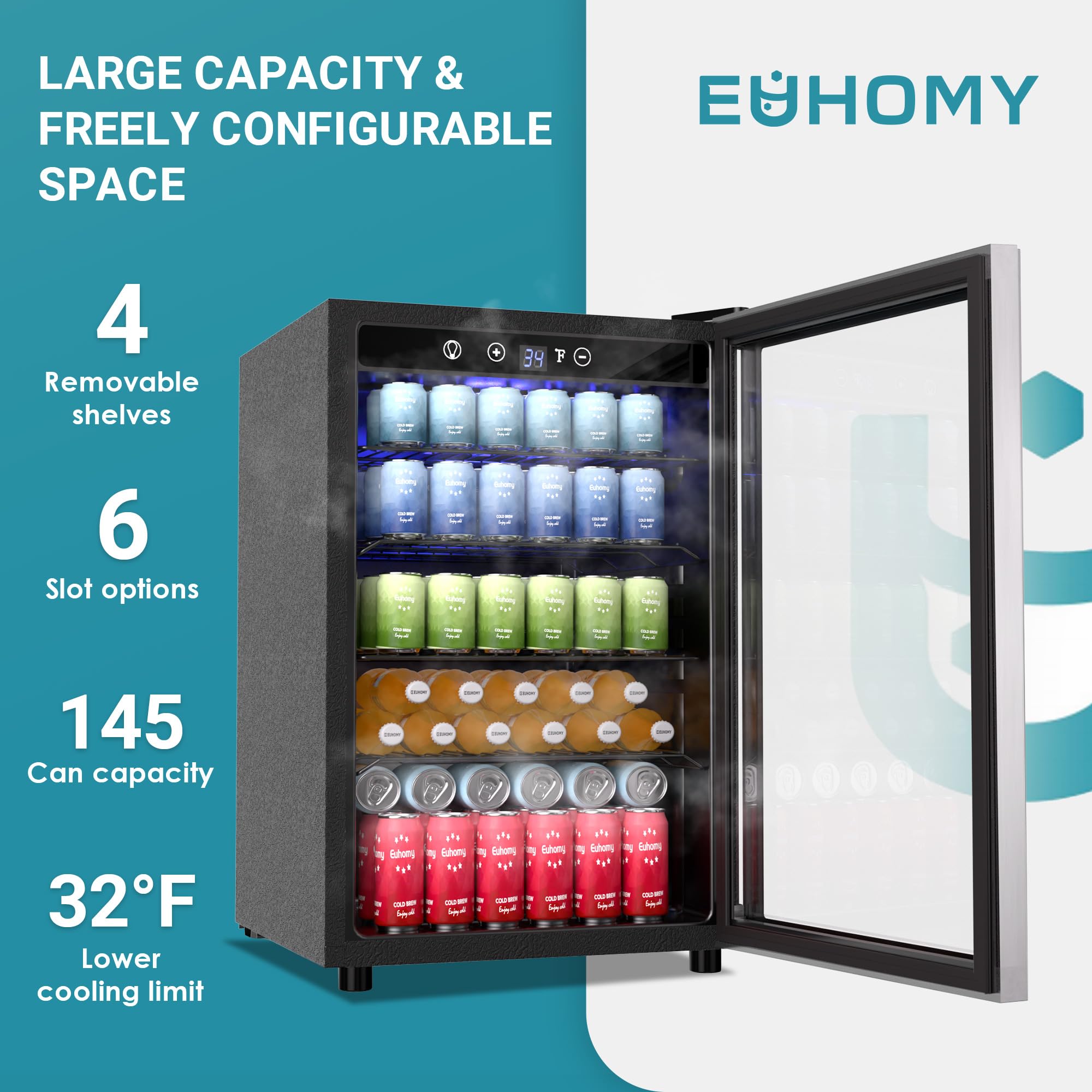 EUHOMY 4.5 Cu.ft Beverage Refrigerator and Cooler, 145 Can Mini fridge with Glass Door for Soda Beer Wine, Small Drink Dispenser with Digital Adjustable Thermostat for Home Office Bar