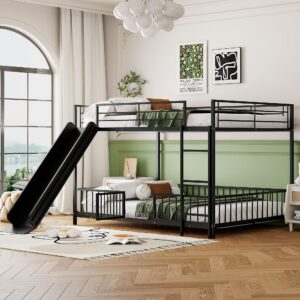 unique metal bunk bed with slide and fence, bunk bed with ladder for toddler kids teens (black/metal, full over full)