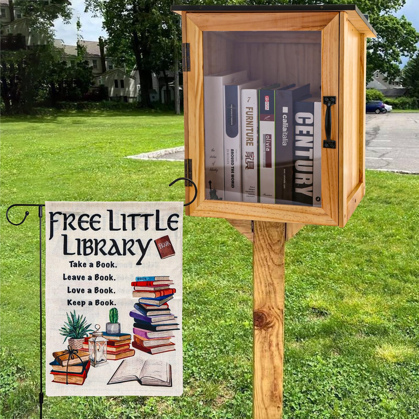 NatldGs Little Library Box Outdoor Kit - A Wooden Library Box and A Library Garden Flag for Sharing Books, Communication and Learning Between Neighbouring Communities