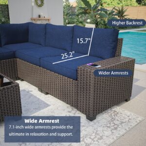 coucheta Outdoor Patio Furniture Set, 6 Piece All Weather Wicker Patio Conversation Sofa Sets, Brown Rattan Furniture Set with Cushions and Pillows, Patio Furniture Sets suit for Garden, Backyard,Blue