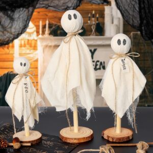 RERCIT 3 Pack Halloween Ghost Kits Decor Indoor with Wooden Stand, Halloween Centerpieces for Tables, Halloween Mantel Decorations