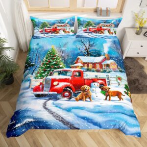 red truck duvet cover queen size,snowman dog comforter cover with 2 pillowcase for teens adults,kids christmas tree bedding set,xmas theme breathable 3 pcs decorative bed cover(no comforter)