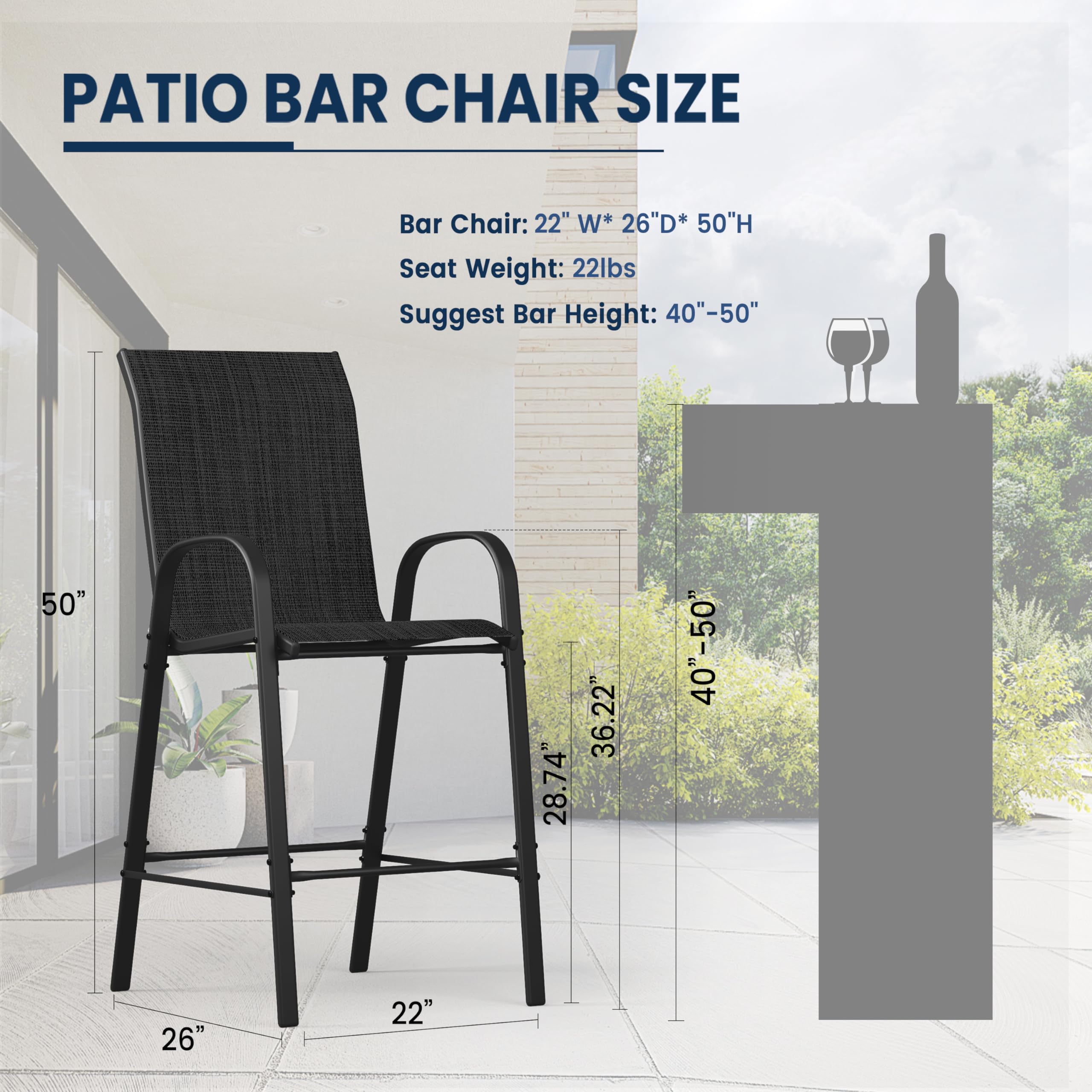 UDPATIO Outdoor Bar Stools of 2, All Weather Patio Bar Height Set, High Back Patio Stools & Bar Chairs for Backyard, Balcony and Pool, Black