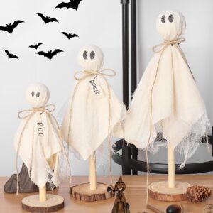 RERCIT 3 Pack Halloween Ghost Kits Decor Indoor with Wooden Stand, Halloween Centerpieces for Tables, Halloween Mantel Decorations