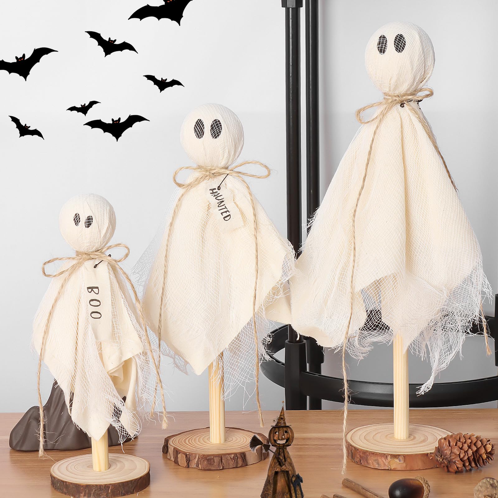 RERCIT 3 Pack Halloween Ghost Kits Decor Indoor with Wooden Stand, Halloween Centerpieces for Tables, Halloween Mantel Decorations