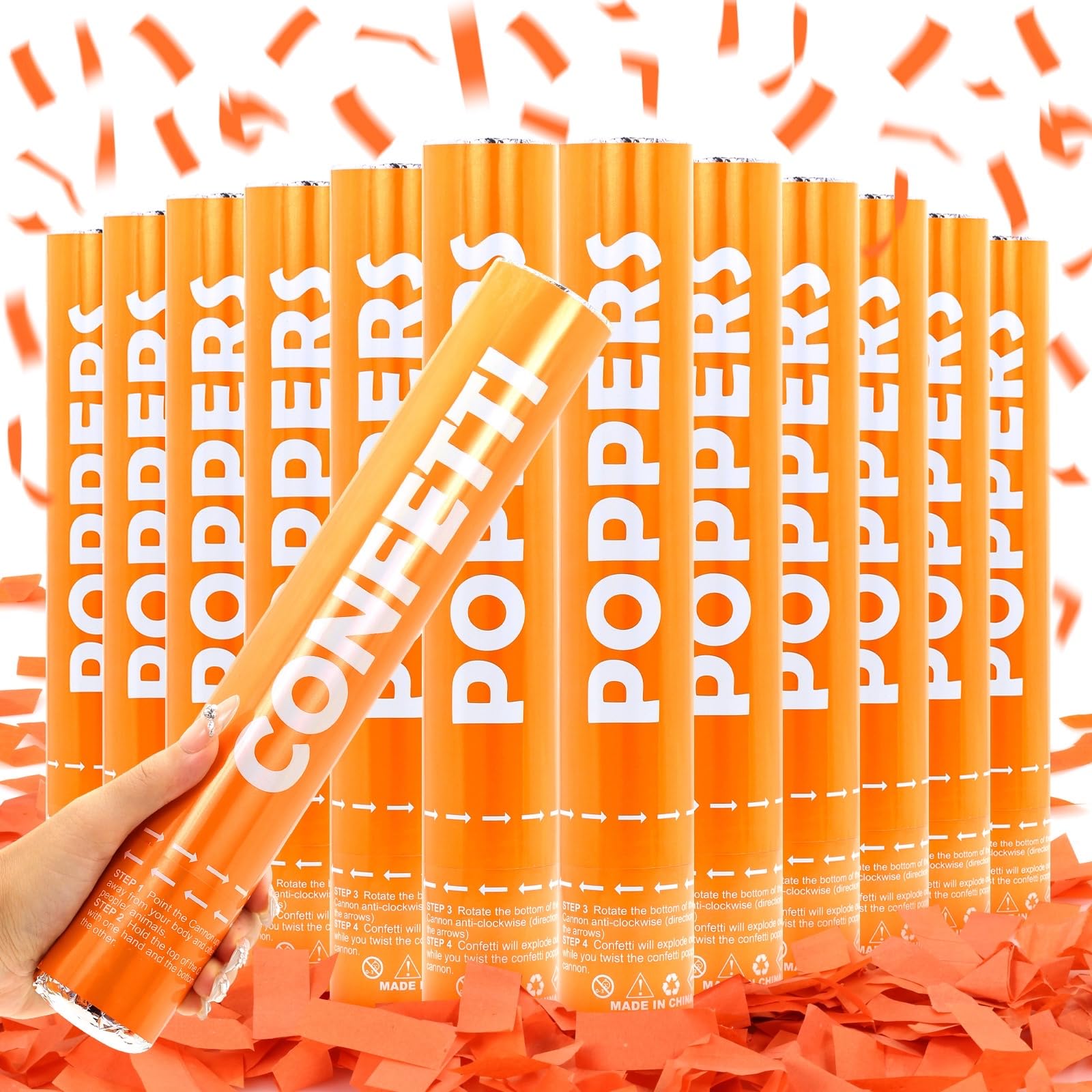 Confetti Cannons Orange 12Pack Party Popper Shooters 12 Inch Confftti Cannnons Launches 20-25ft Biodegradable Confftti Poppers forBirthday,Wedding,Graduation, New Years Eve Celebration