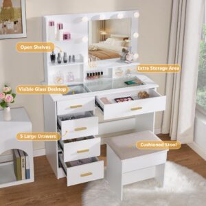 ANWBROAD Makeup Vanity Desk with Mirror and Lights Power Outlet 35.5" Vanity with Glass Top Dresser 3 Lighting Modes Brightness Adjustable White Vanity Desk with Drawers Shelves Bedroom Stool UBDT64W