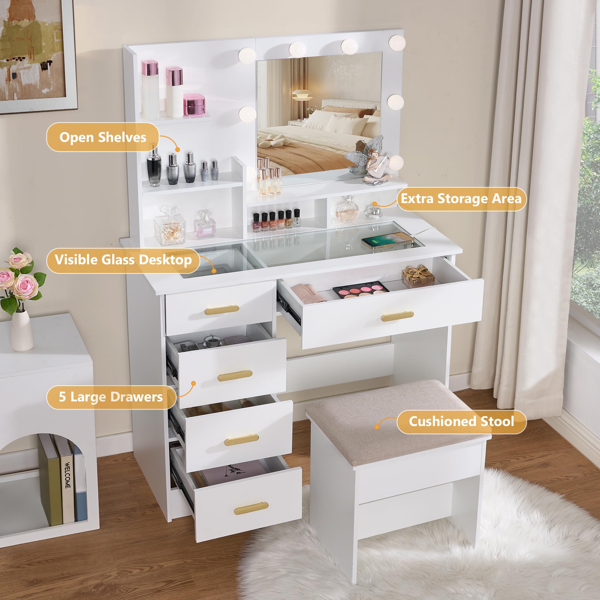 ANWBROAD Makeup Vanity Desk with Mirror and Lights Power Outlet 35.5" Vanity with Glass Top Dresser 3 Lighting Modes Brightness Adjustable White Vanity Desk with Drawers Shelves Bedroom Stool UBDT64W