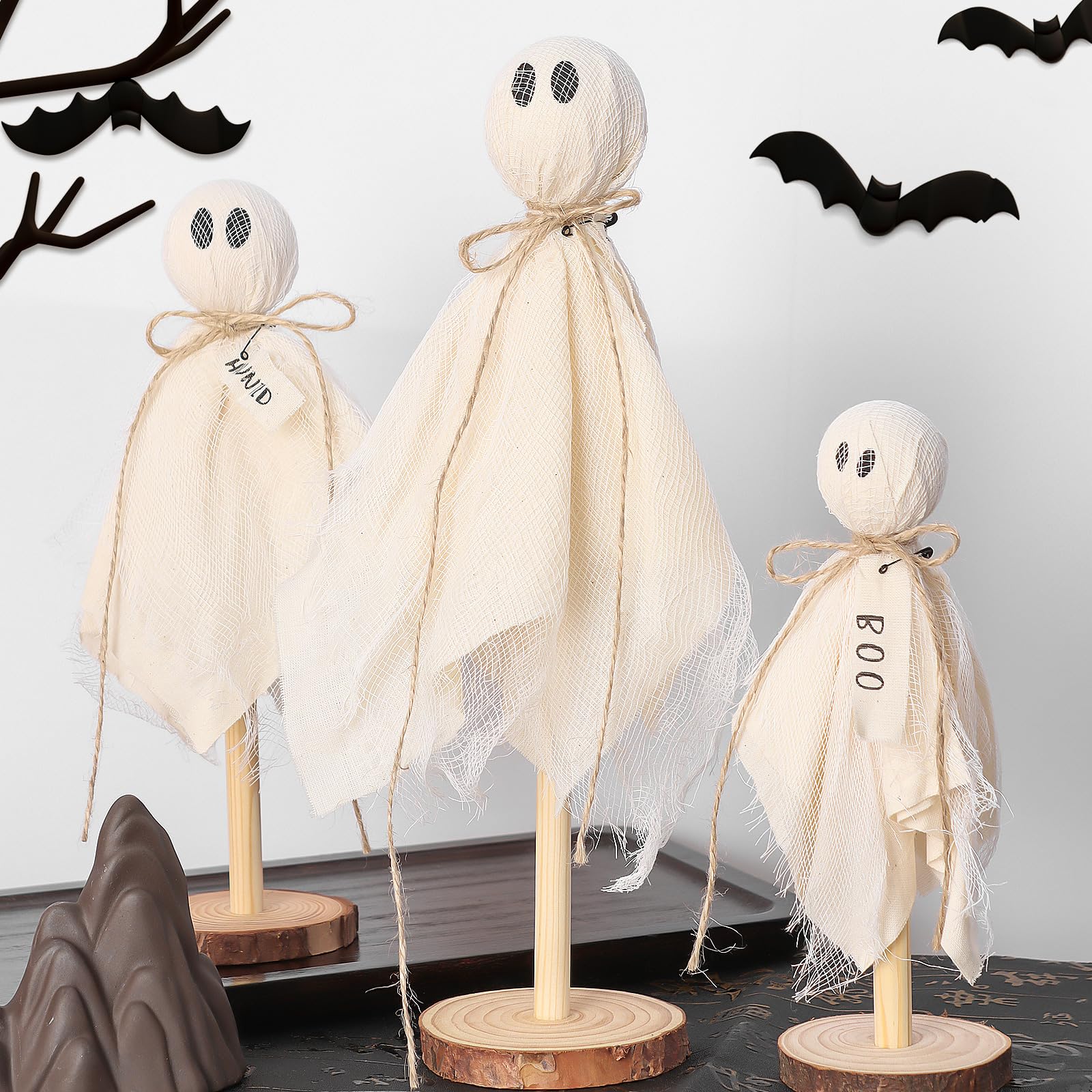 RERCIT 3 Pack Halloween Ghost Kits Decor Indoor with Wooden Stand, Halloween Centerpieces for Tables, Halloween Mantel Decorations