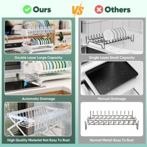 Dish Drying Rack Collapsible & Rustproof, 2 Tier Dish Rack with Drainboard, Wine Glass Holder & Utensil Holder, Dish Racks for Kitchen Counter, Dish Drainer, White