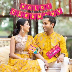 LoveNspire 25 Pcs Haldi Photo Booth Party Props & 1 Pcs Haldi Ceremony Banner Wedding Photoshoot Haldi Decoration Marriage Props for Bride and Family