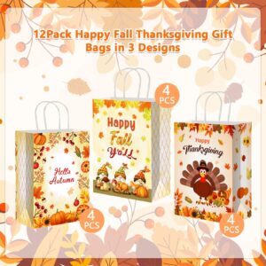 JUESMOS 12PCS Thanksgiving Paper Gift Bags 8.3" Hello Autumn Fall Gift Bags with Handles Turkey Pumpkin Leaves Treat Bags Candy Goodie Bags for Thanksgiving Fall Baby Shower Birthday Party Decor