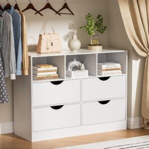 housoul 4 drawers dresser with open cube, chest of drawers, dresser for bedroom, fabric pu drawer dresser, white dresser with large organizer, closet dresser with 4 drawers, white