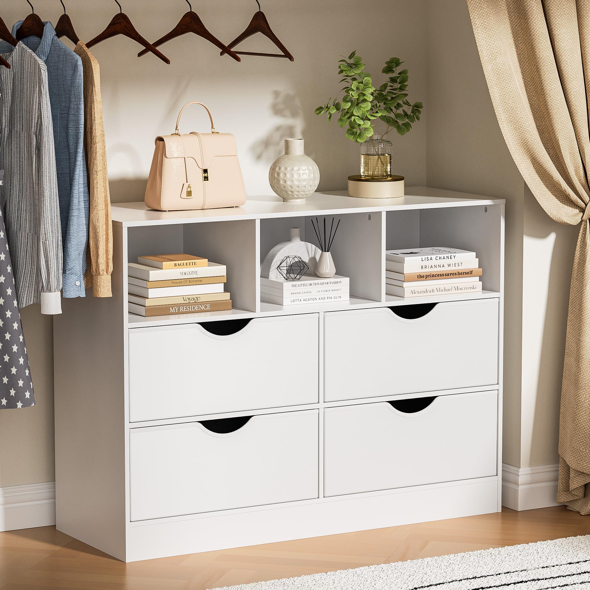 Housoul 4 Drawers Dresser with Open Cube, Chest of Drawers, Dresser for Bedroom, Fabric PU Drawer Dresser, White Dresser with Large Organizer, Closet Dresser with 4 Drawers, White