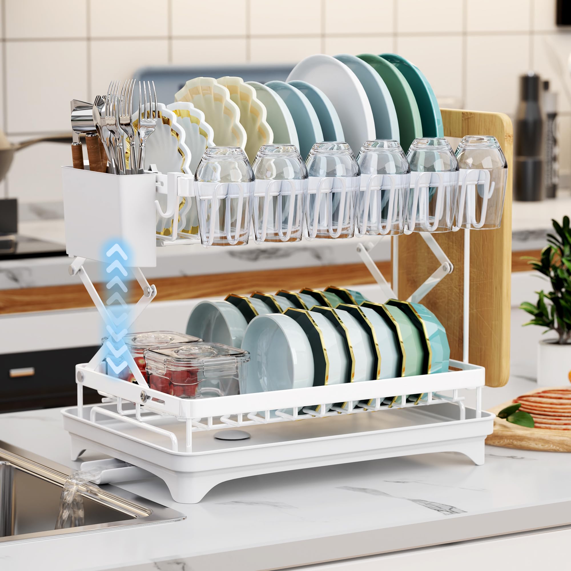 Dish Drying Rack Collapsible & Rustproof, 2 Tier Dish Rack with Drainboard, Wine Glass Holder & Utensil Holder, Dish Racks for Kitchen Counter, Dish Drainer, White