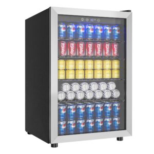 euhomy 4.5 cu.ft beverage refrigerator and cooler, 145 can mini fridge with glass door for soda beer wine, small drink dispenser with digital adjustable thermostat for home office bar